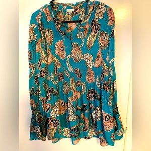 Spense Teal and Pink Floral Tunic 3/4 sleeve with ruffled neck.